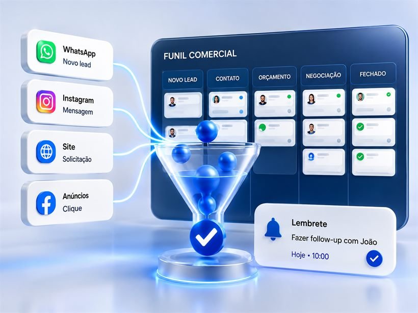Funil comercial organizando e retendo cada lead até o fechamento